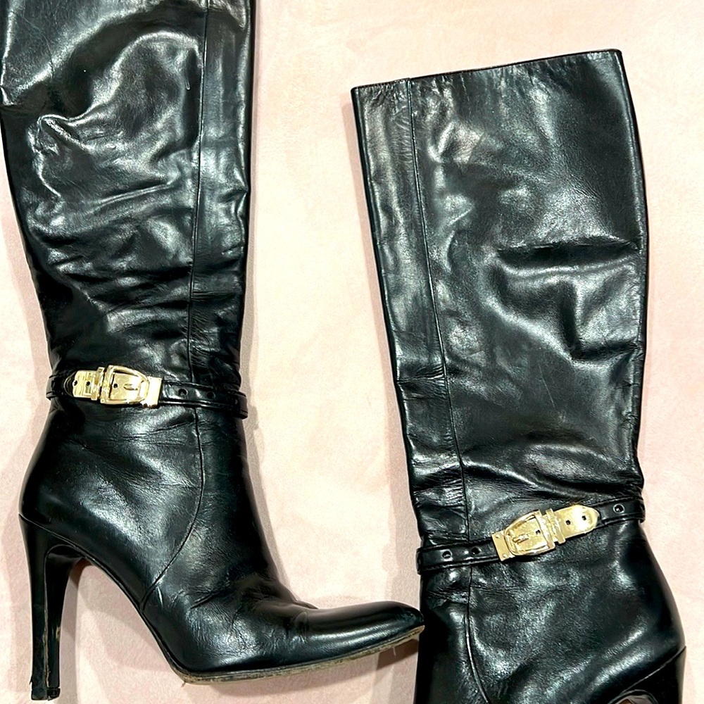 Gucci black leather boots with gorgeous gold buckle !!